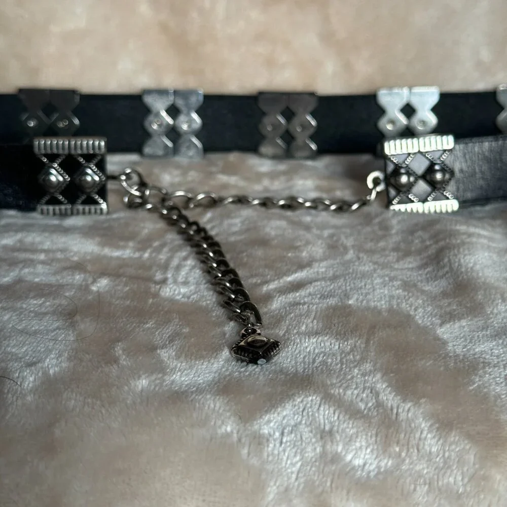 Chico's Black Leather Silver Tone Concho Southwestern Adjustable Belt Chain S/M
